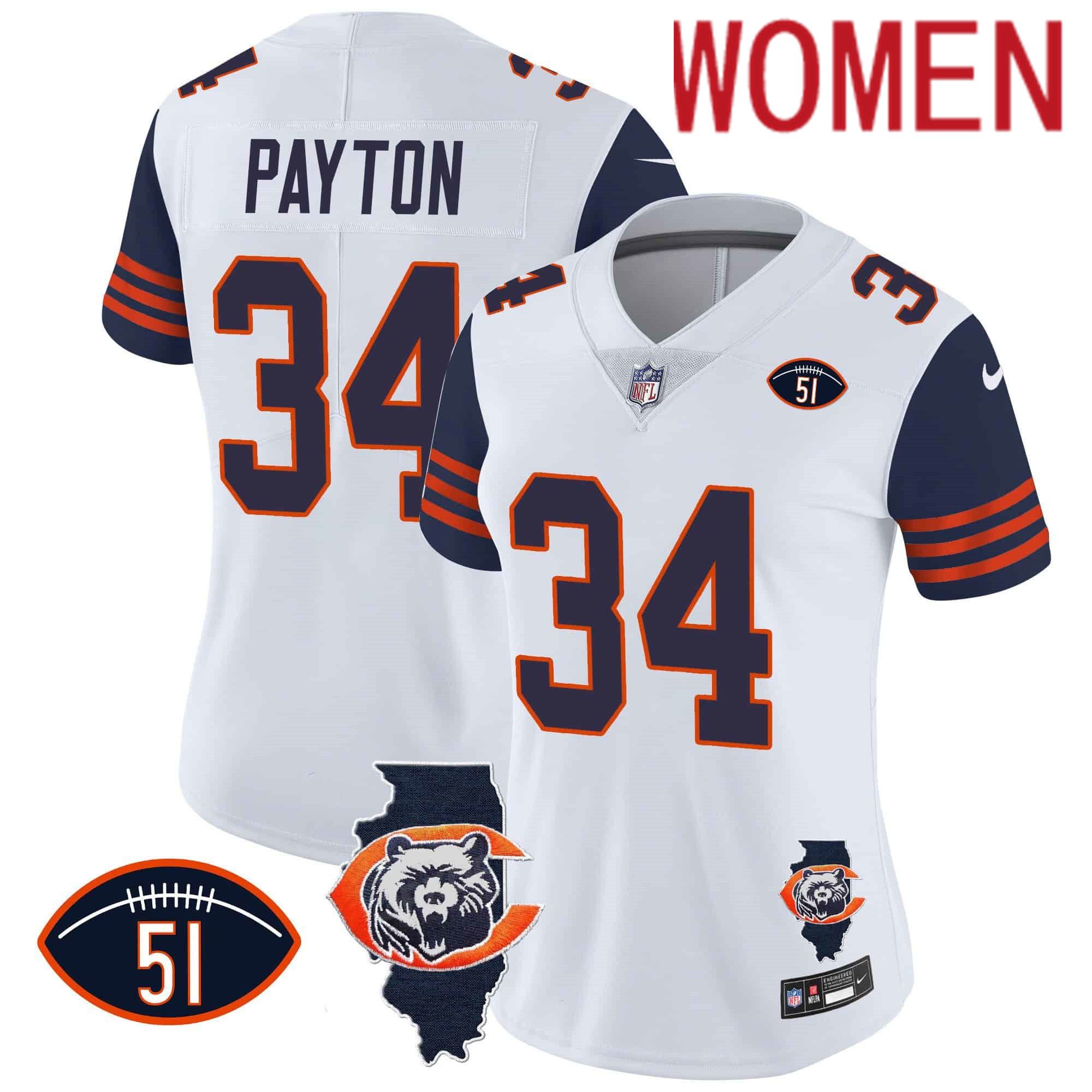 Women Chicago Bears #34 Payton White 2024 Nike Throwback Illinois Patch Vapor NFL Jersey style 1->women nfl jersey->Women Jersey